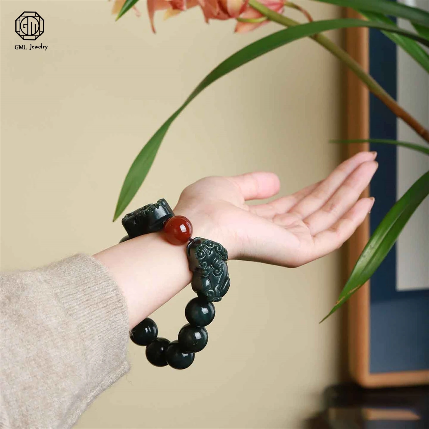 

Браслет из темно-зеленого нефрита Hetian с бусинами Пи Сю, унисекс, для мужчин и женщин, из черного нефрита, камень-оберег для богатства, на эластичной нити