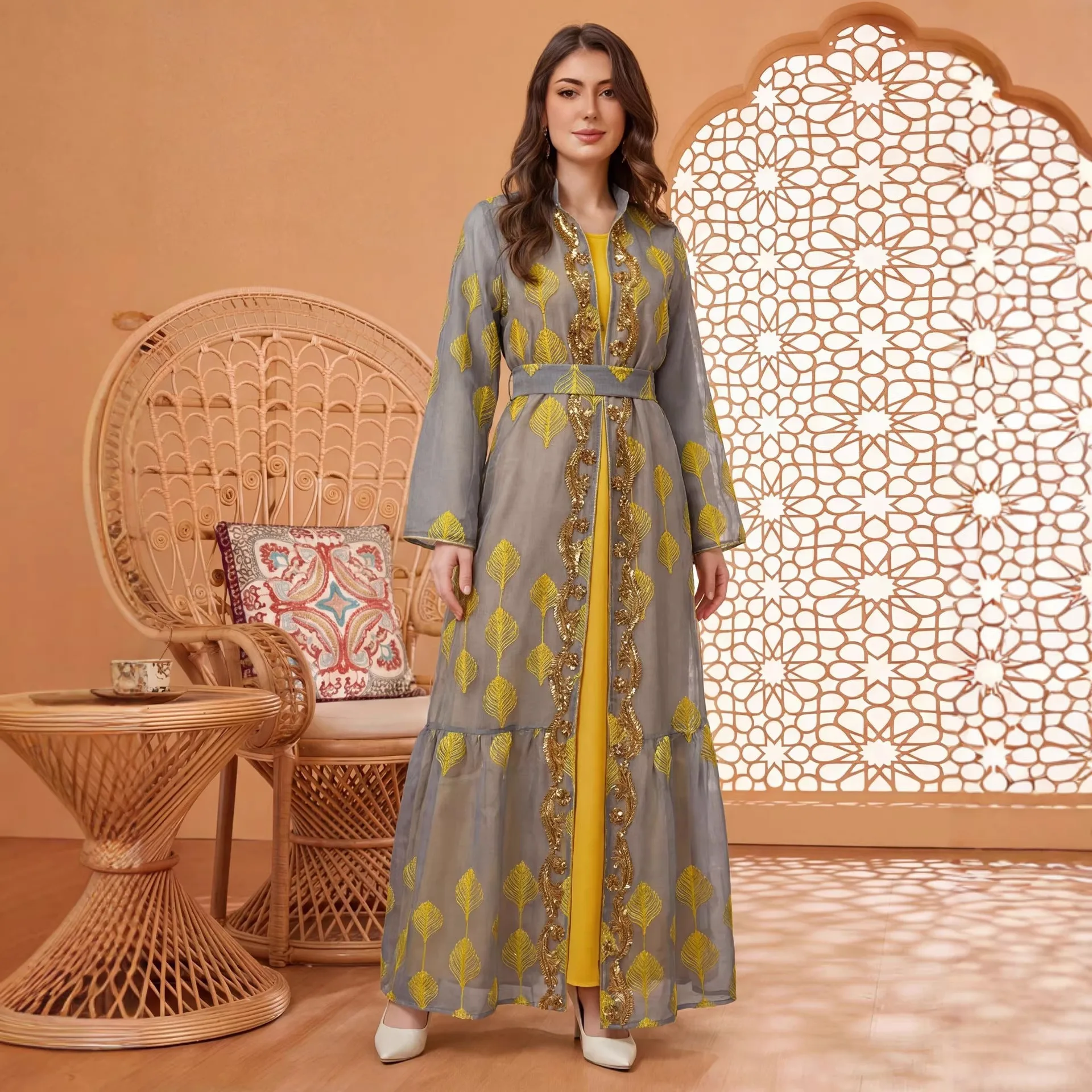 

Ad250522 New Women's Fashion Mesh Embroidery Robe Two-piece Set With Belt Robe Abaya Ramadan Dubai Luxury Islam Elegant