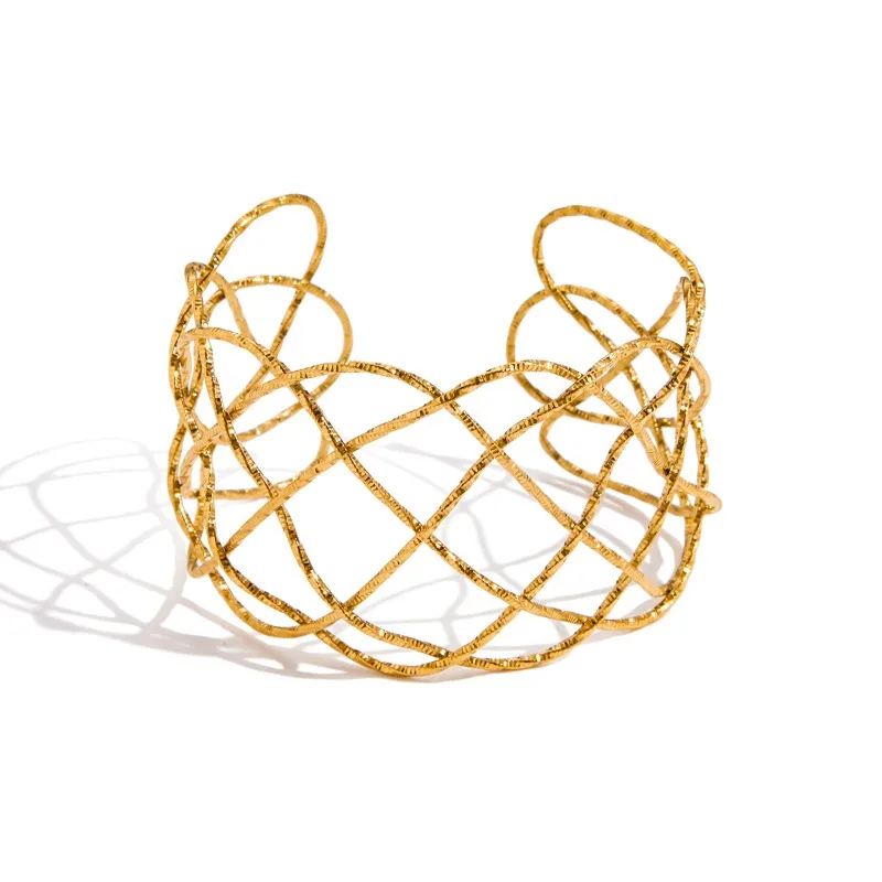 

Minar Cool Hammer Texture Lines Metallic Irregular Hollowed-out Opening Bangles for Women Stainless Steel Wide Cuff Bracelet