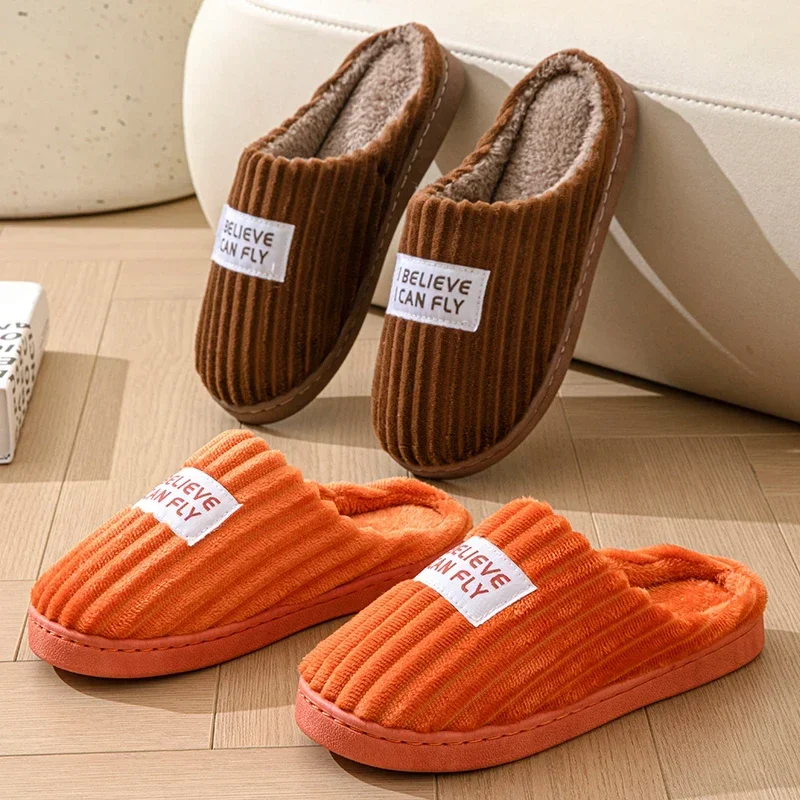 Winter Warm Short Plush Women\'s Cotton Slippers Indoor Home Casual Toe Wrap Slides Men Anti Slip Autum Word Stripe Soft Shoes