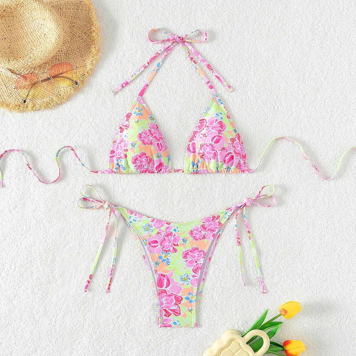 Women Floral Printed Bikini Sweet Y2K Flower Pattern Halter Triangle 2 Piece Bathing Suit Swimwear