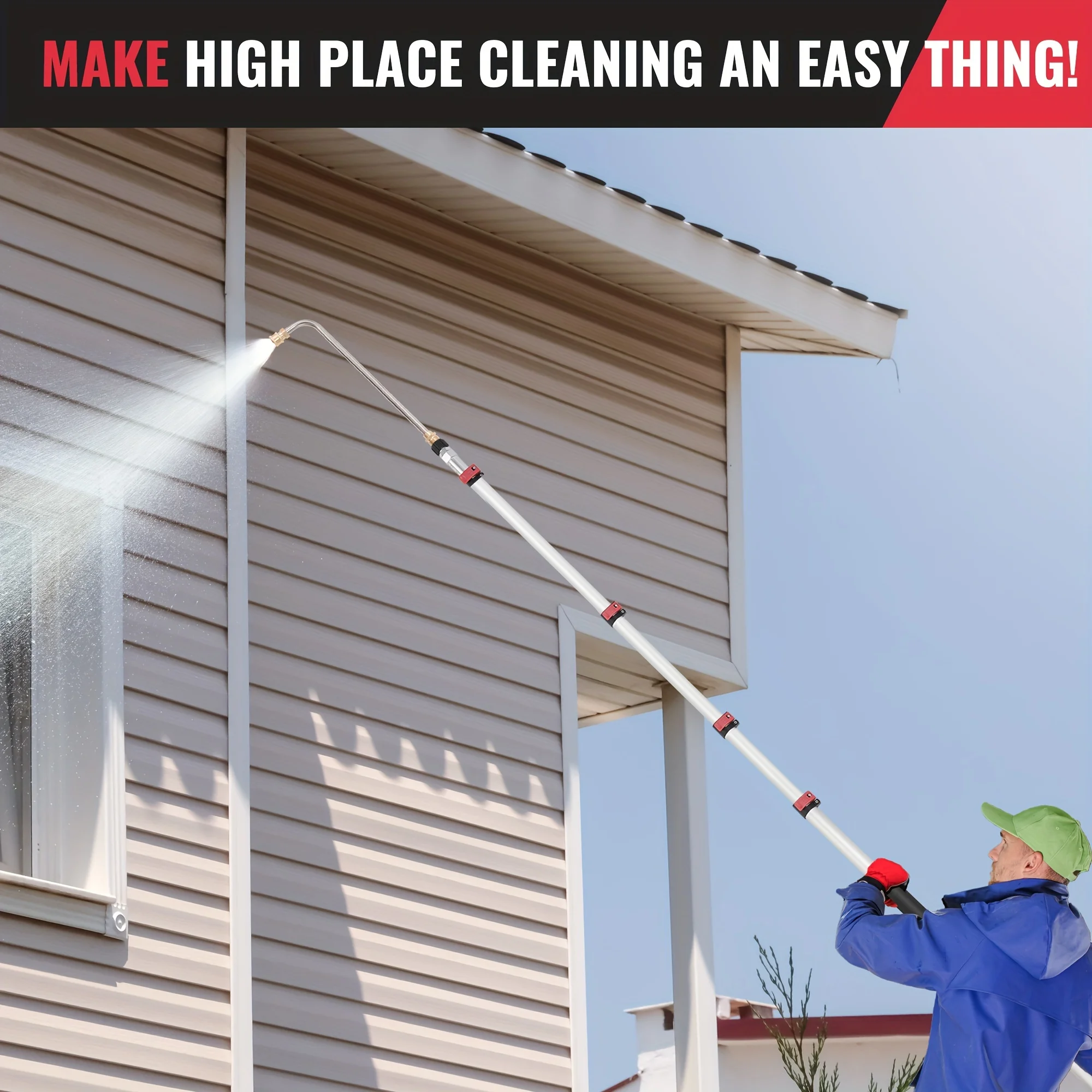 1 Stück Rengue 24 Fuß Teleskop-Hochdruckreiniger-Verlängerungsstange, 5-stufiger Hochreiniger mit 3 Düsen, 7 Sprühmuster