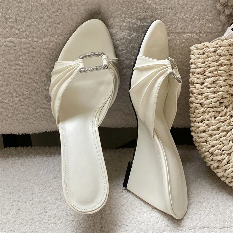 

Aneikeh Summer Fashion Red Patent Leather Wedge Heel Mules Women's Open Toe Rhinestone Buckle Slip on Sandals Slippers Shoes