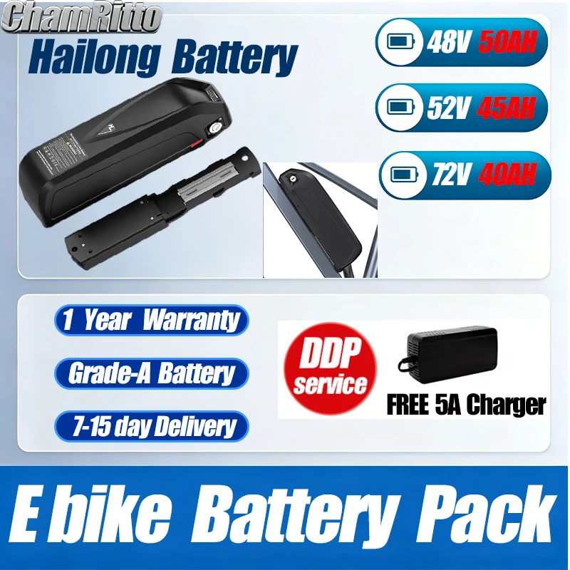 

Литиевая батарея Hailong 48V/52V/60V/72V для электровелосипедов, 20/30/40/50 Ач, 750W/2000W, 13S5P, 48V 1000W