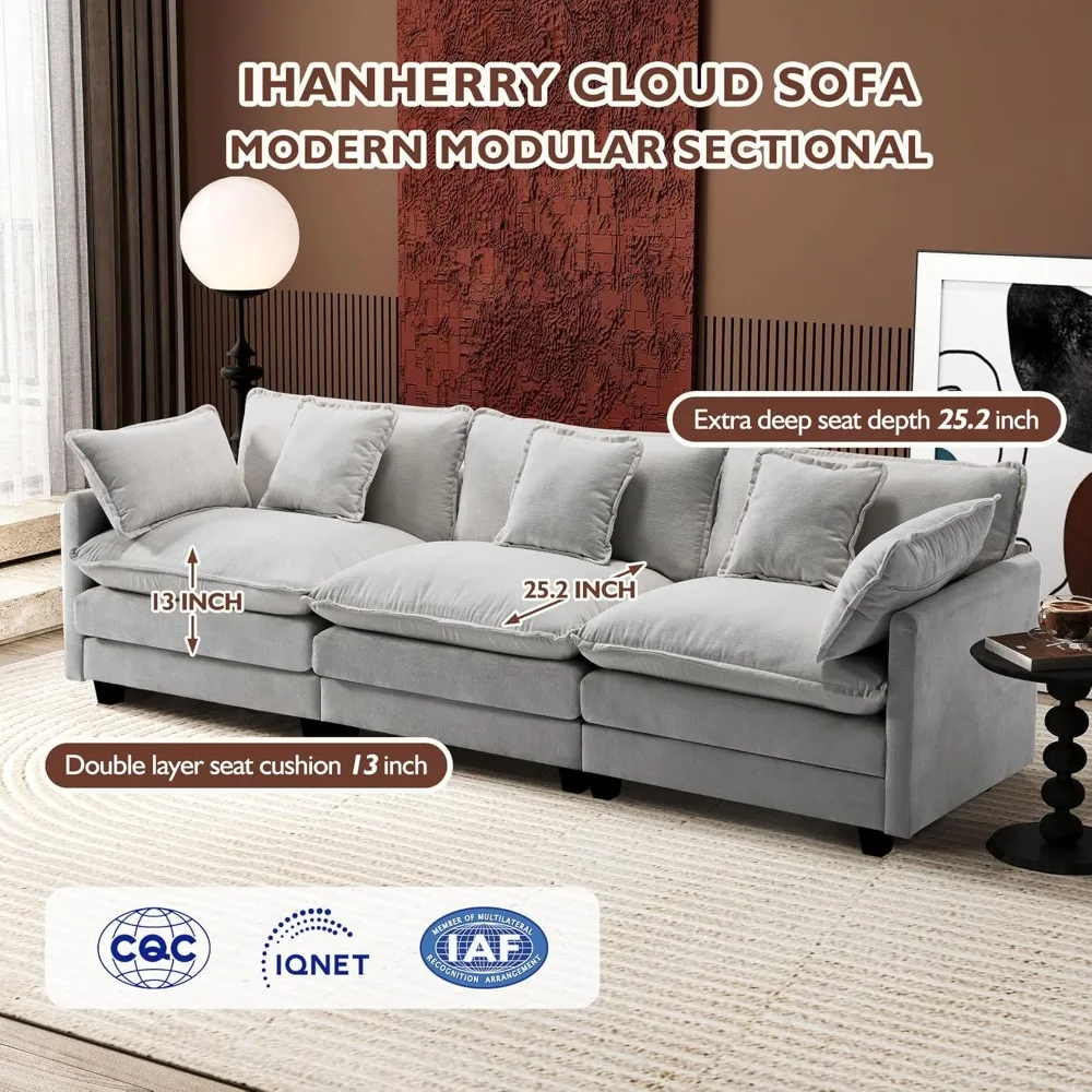 111.4 Inch 3-Seater Cloud Sofa, Modular Sectional Couch, Modern Deep Seat Sofa, Comfy Double Layer Upholstered Seat Cushion