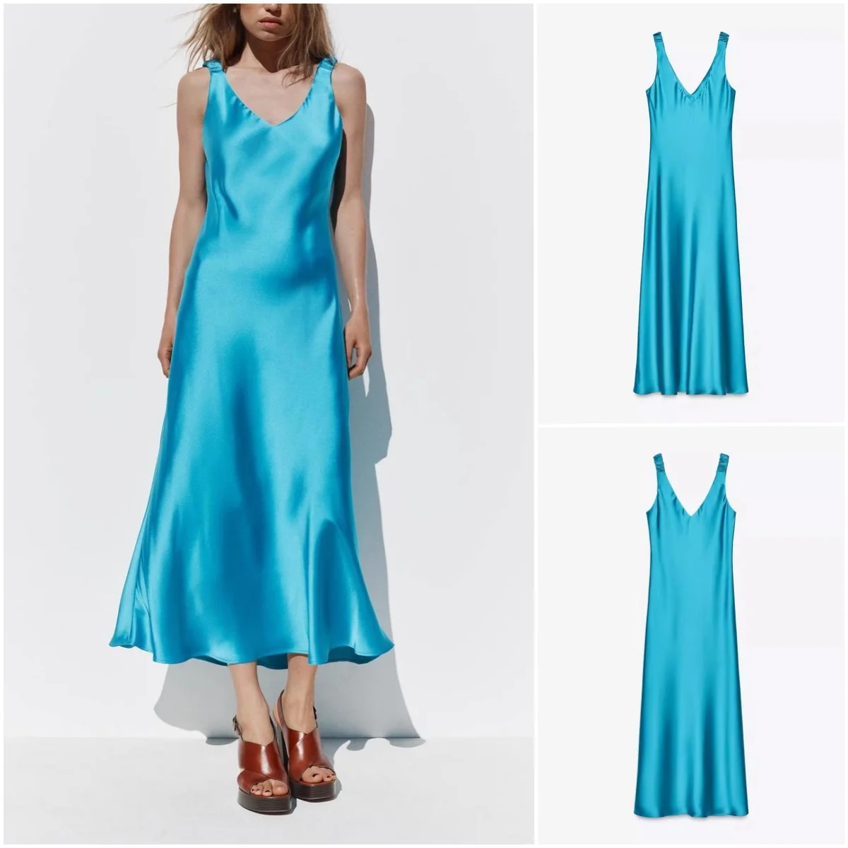 春の新作 Briti Sle Vネック シルクサテン風 スリムストラップ ミディ丈 レディース 通勤 ハイウエスト Aライン ロングスカート