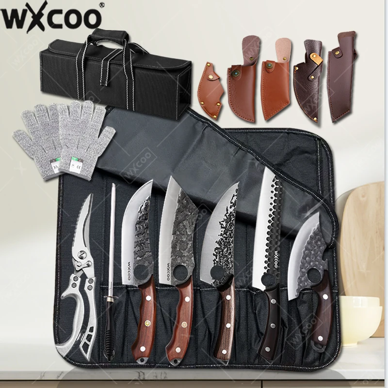 WXCOO Stainless Steel Kitchen Knife Hand Forged Butcher Knife with Roll Up Knife Bag Meat Cleaver Chicken Bone Scissor Knife Set