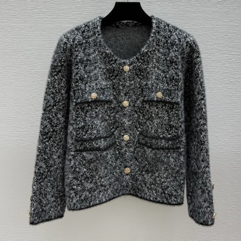 Wysokiej jakości metalowy kardigan damski z pojedynczym guzikiem, okrągłym dekoltem i ozdobnymi dużymi kieszeniami, sweter-płaszcz 251028163