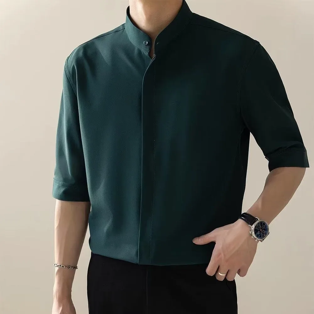Light Mature Style White Shirts for Men Half Sleeve Business No Ironing Casual Ice Cool Feel Quick Dry High-end Stand Collar Top