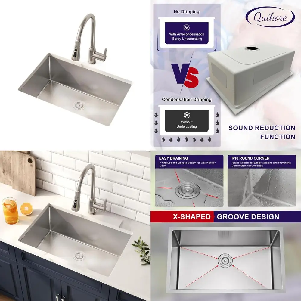 

27-дюймовая кухонная мойка с нижним креплением, одинарная чаша, из нержавеющей стали 16 калибра, с корзинчатым фильтром, 27 x 18 x 9 дюймов