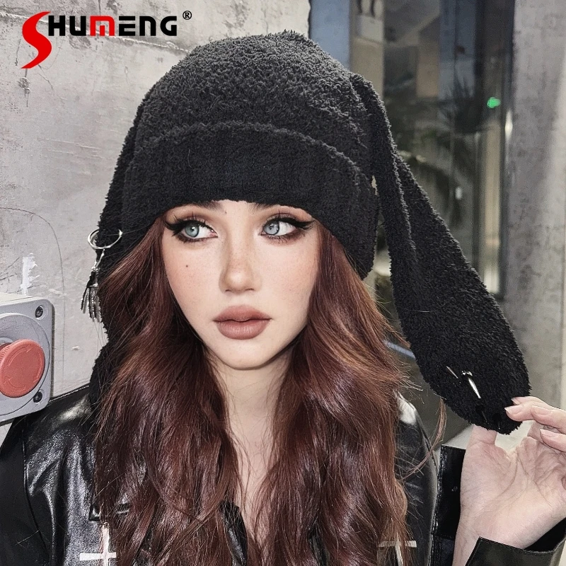 Autumn Girl Punk Headdress Black Rabbit Ear Hat Plush Hooded Christmas Scarf Hat Winter Warm Windproof Earflap Cap Scarf WomanK