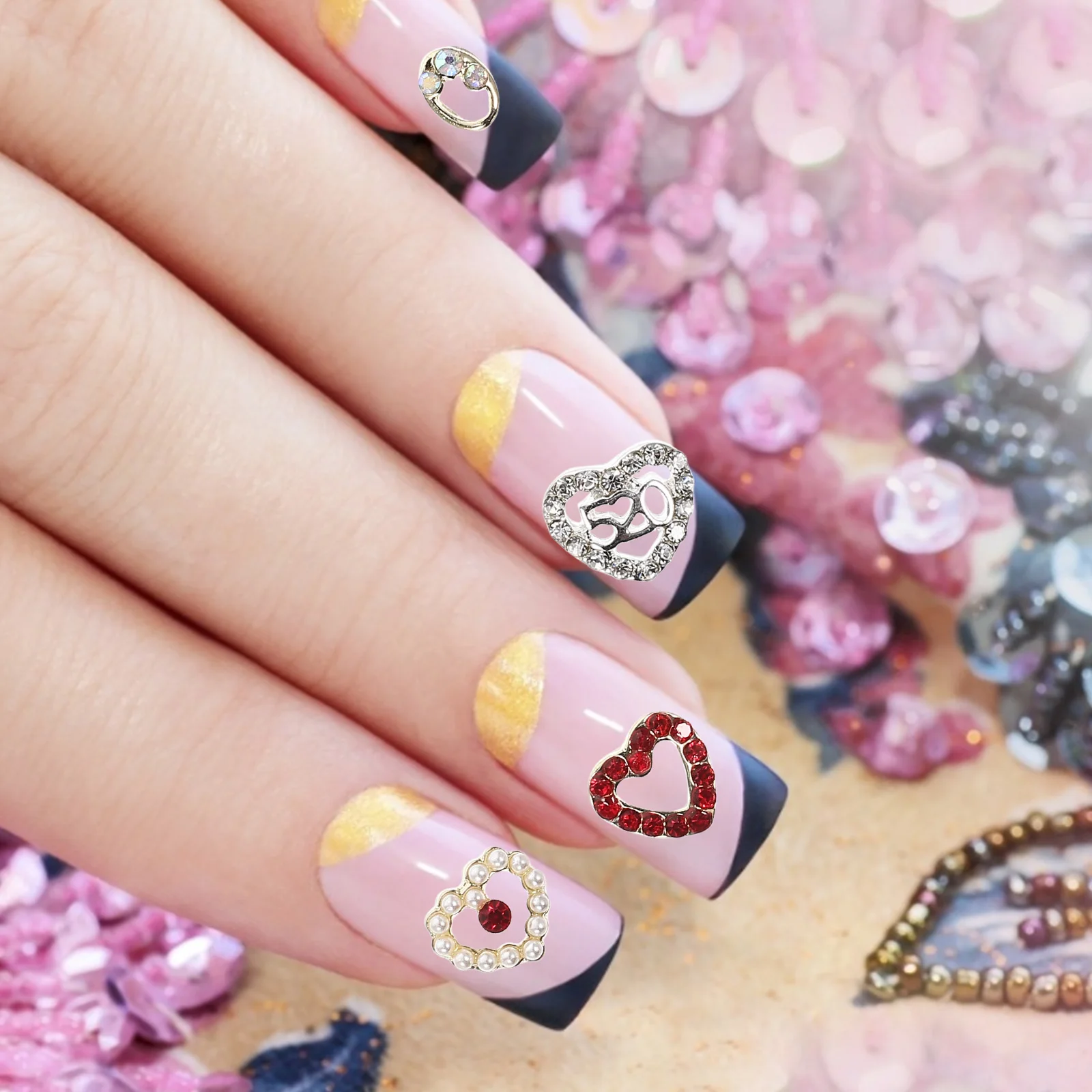 

40 Pcs Heart Nail Stickers Rhinestones Valentines Charms Love Gems Alloy Small for Nails Zinc Jewels Diy