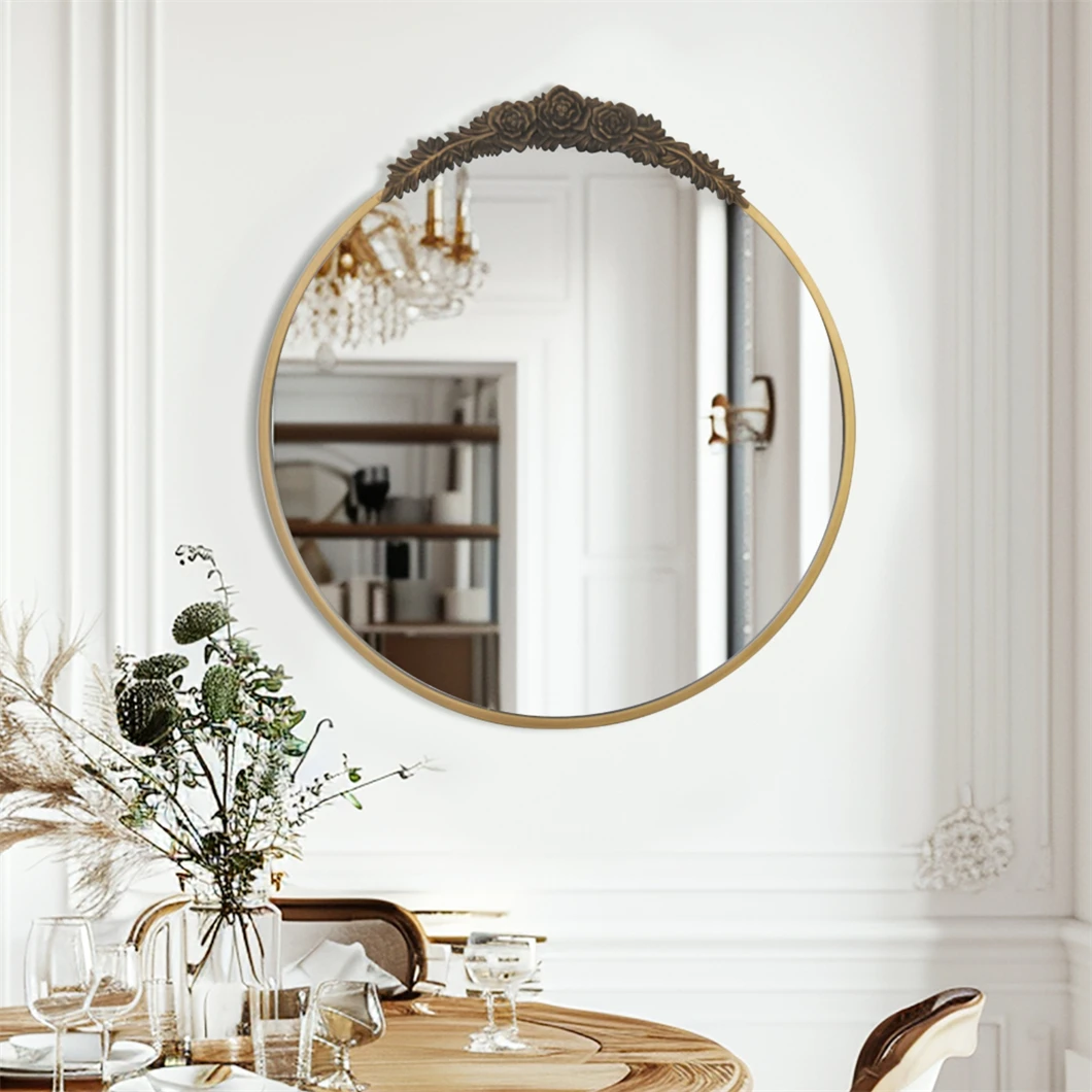 Round Baroque Mirror Decorative Large Wall-Mounted Vaniry Mirror with Antique Brass Edge Frame Traditional Art Home Deco 2 Size