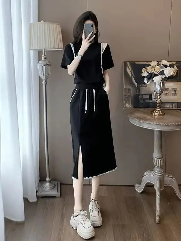 

Fashionable Lazy Style Women's Summer Outfit Short Sleeve Top And Half-length Skirt Two-piece Set Elegant Classic Black