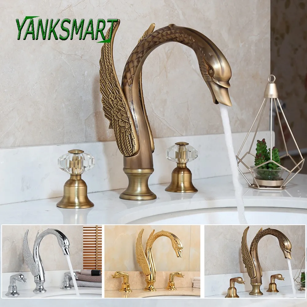 

YANKSMART Antique Brass Solid Brass Bathtub Swan 3 PCS Deck Mounted Shower Bathroom Vessel Basin Sink Faucet Mixer Water Tap