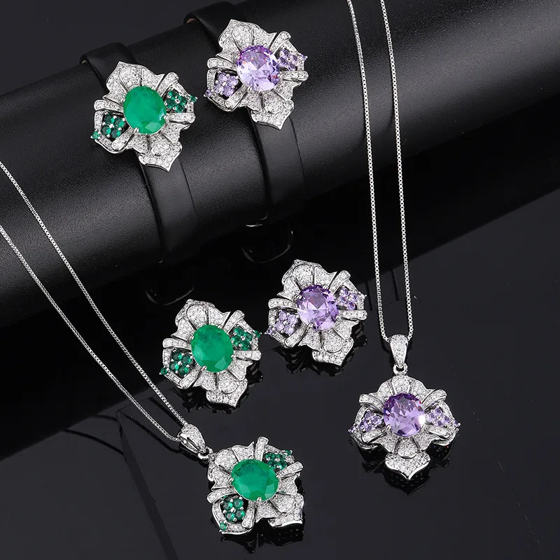 

Retro Emerald Crystal Flower Ring Bracelet Necklace Evening Dress Women Luxury Quality Jewelry Wedding Anniversary Accessories