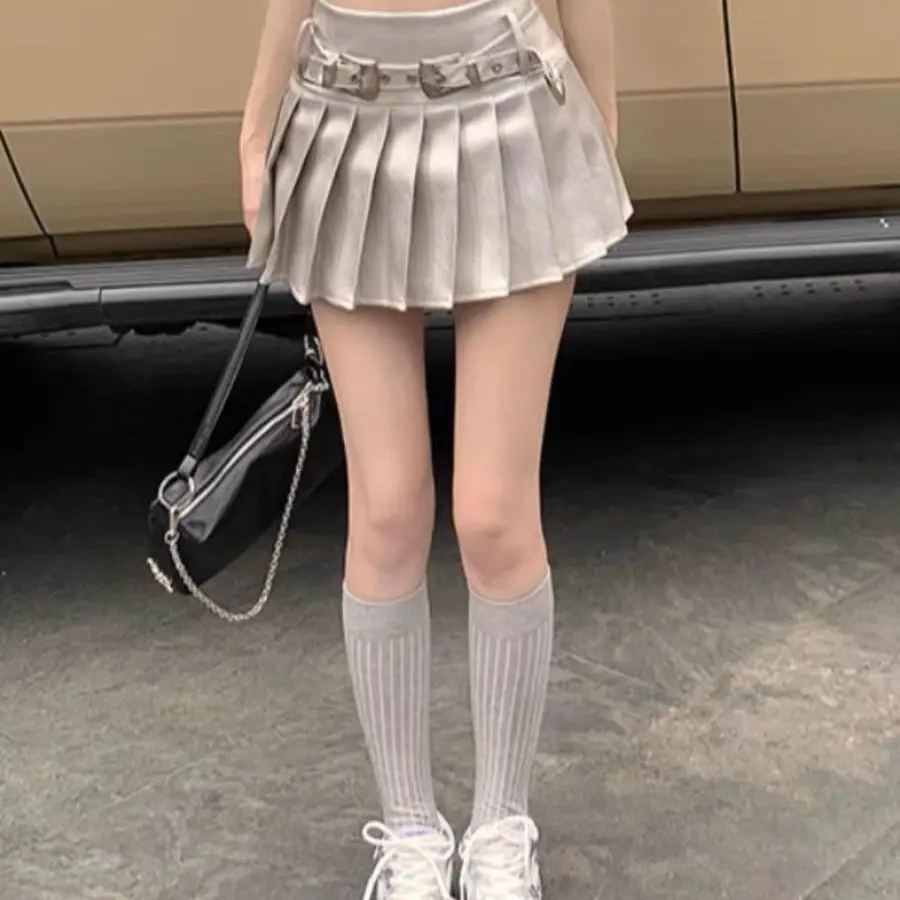 American Spice Girl Silver Advanced Women Skirts Belt Sexy Summer New Slim High Waist Pleated Mini Skirt Solid Female Fashion