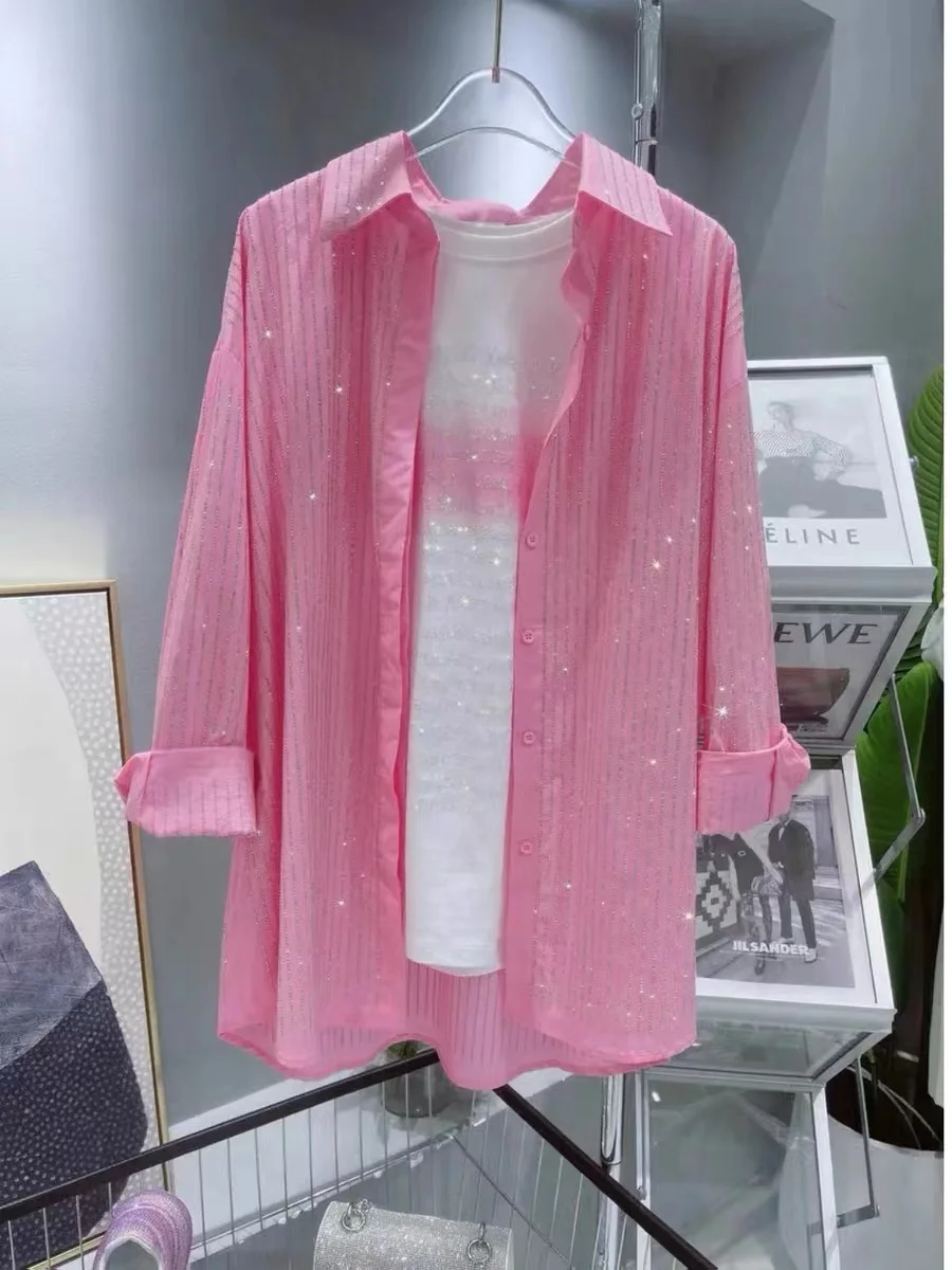 Blingbling Diamonds Hot Drilling Vertical Stripes Loose Casual Pink Shirts and Blouses For Women\'s Long Sleeve Top Blusas