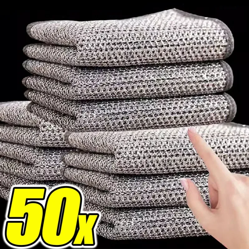 50/1 Steel Wire Cleaning Cloths Double Layer Metal Silver Wire Dishwashing Towels Kitchen Pot Pan Dish Non Stick Oil Rags Cloth