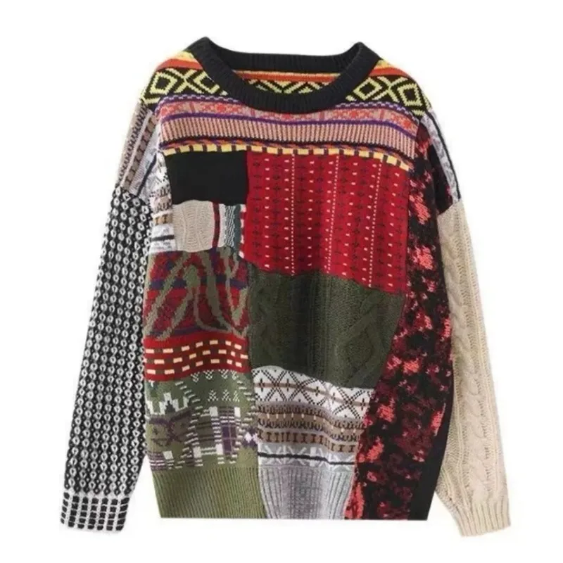

Осень-зима, новая мода, лоскутные рождественские свитера, женская одежда, винтажные свободные толстые вязаные пуловеры с круглым вырезом