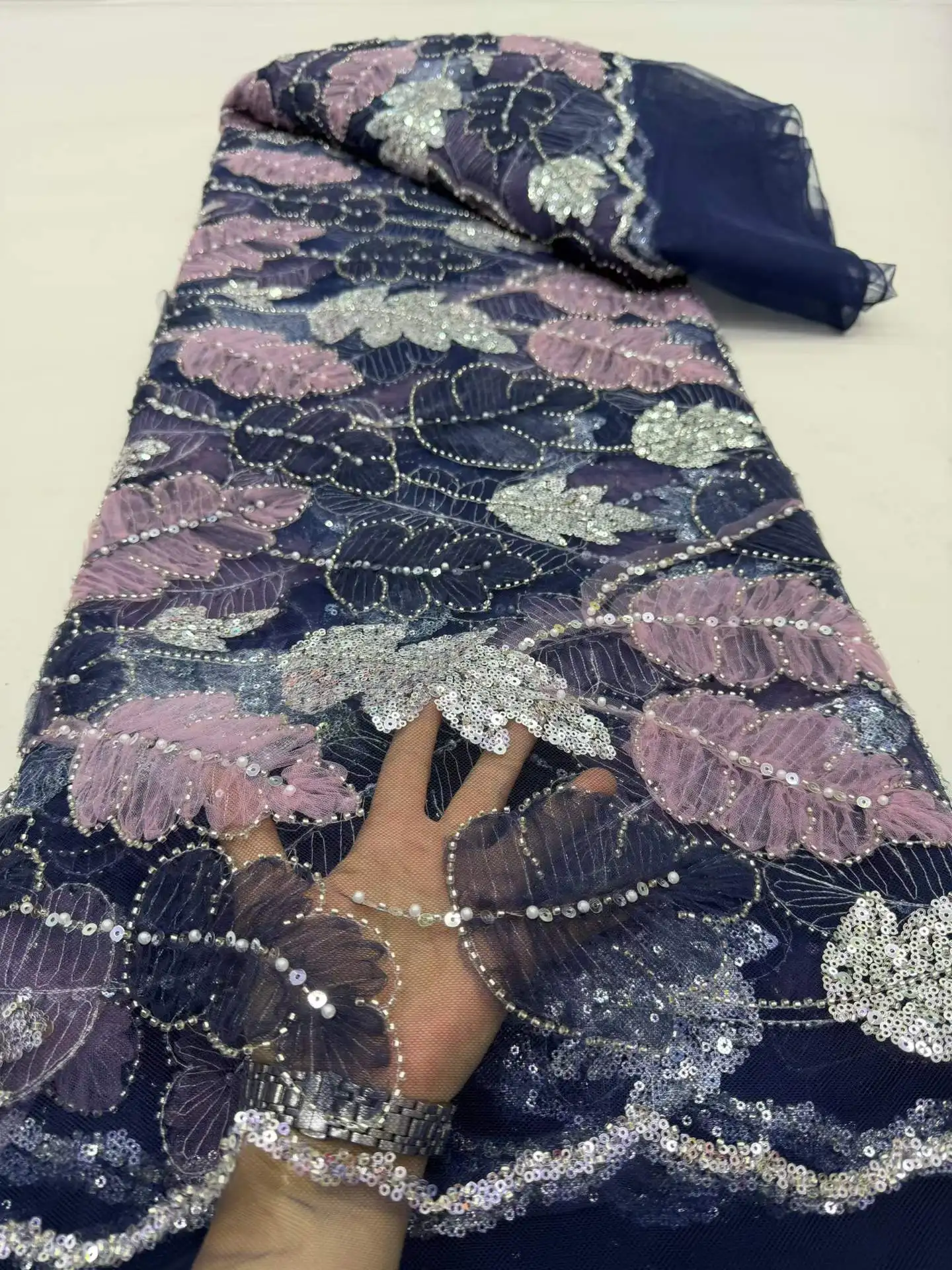 

Latest 3D French Beaded Tulle Lace Fabric 2026 High Quality African Groom Lace Fabrics Sequins Nigerian For Bridal Wedding Dress