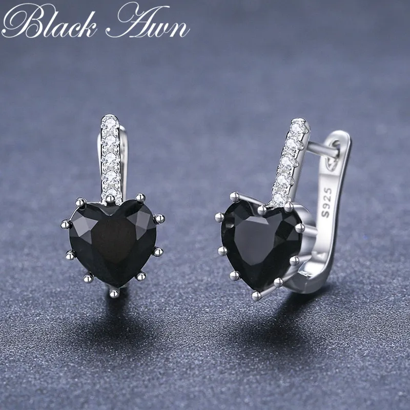 Black Awn 2024 New Heart Hoop Earrings for Women Classic Silver Color Trendy Spinel Engagement Jewelry I238