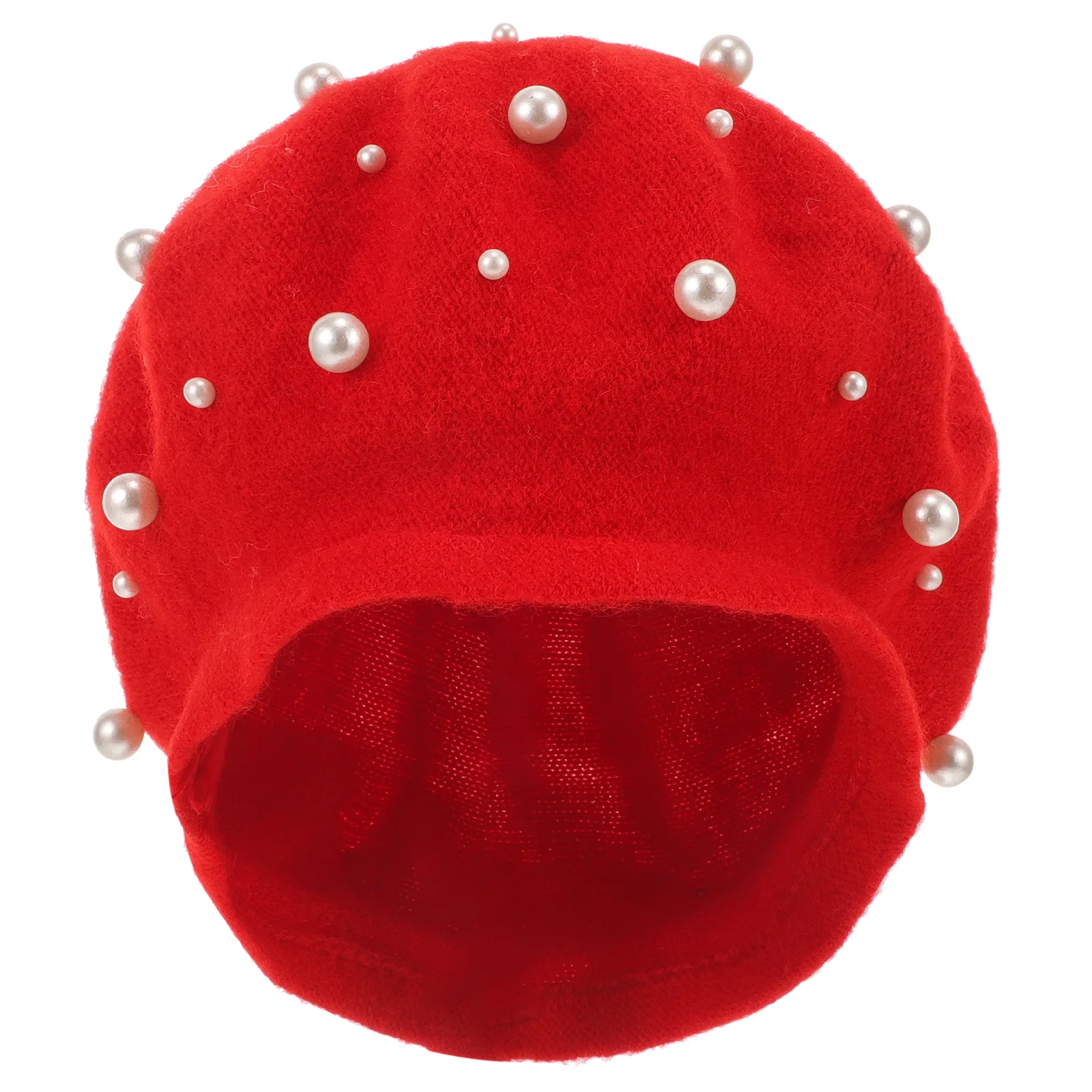 Women's Pearl Beret Autumn Cashmere Luxury Heavy Work Beret Beaded Pearl Rivet Wool Beret Free Size (Red)