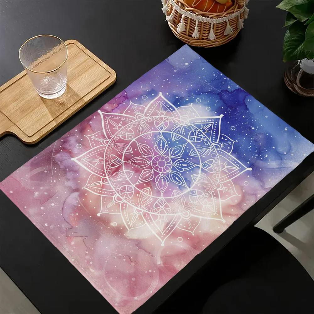 4PC Rectangle Table Mats for Dining, Painting White mandala on a colored background Decor Placemats