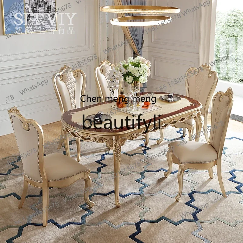 French light luxury solid wood silver foil long dining table European court luxury villa dining table and chairs2936