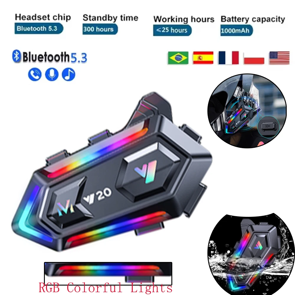 

RGB Colorful Lights Motorcycle Helmet Headset Bluetooth 5.3 1000Mah Noize Reduction Wireless Hands-free Motorbike Earphone