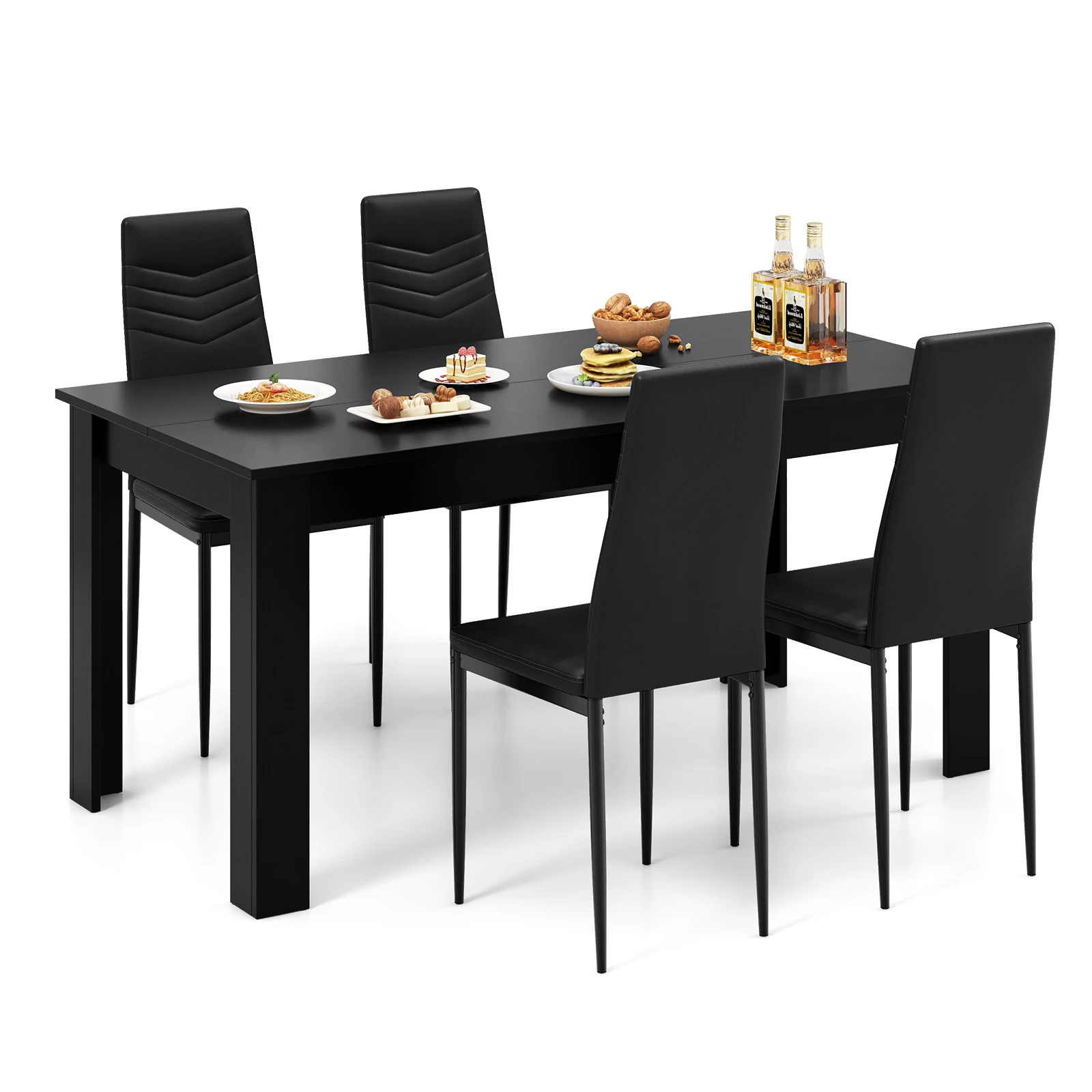 Modern Rectangular Kitchen Table Set with 4 PVC Leather Dining Chairs Black