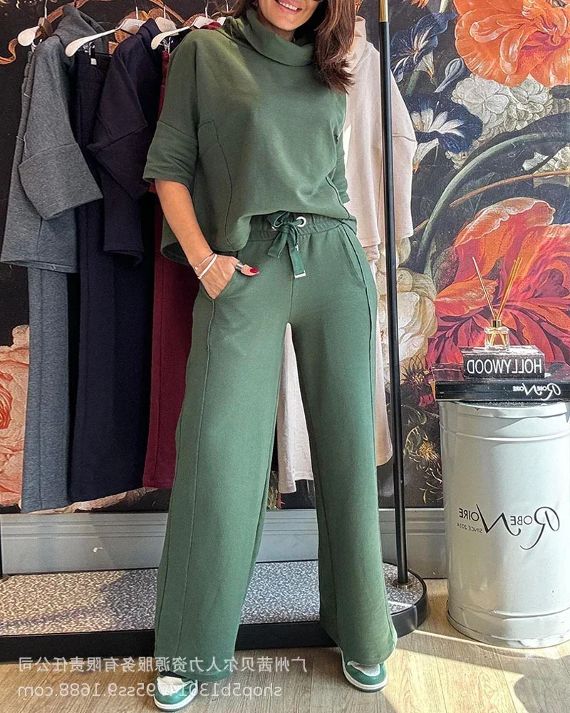Women Spring Summer 2PCS Turtleneck Half Sleeve Top & Pocket Design Pants Set