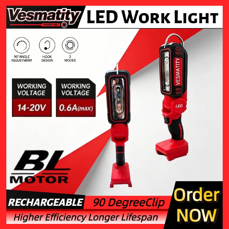 LED Work Light Clip on 90° Super Bright Flood Light, M18 Battery Powered for Outdoor Camping, Garage Fit Milwaukee  Battery