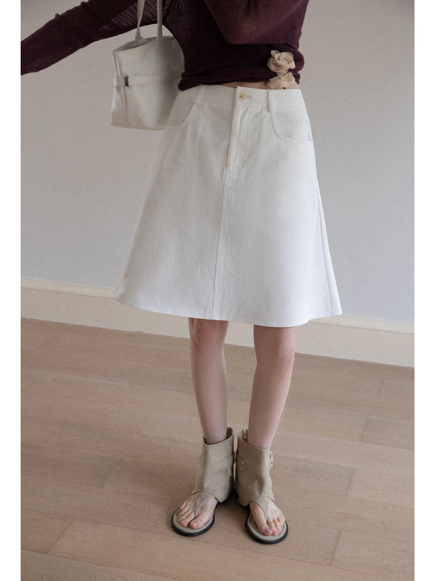 

White High Waist A-Line Skirt Casual Versatile Eggka Women's Faion Slimming Korean Sle Polyester Cotton Blend