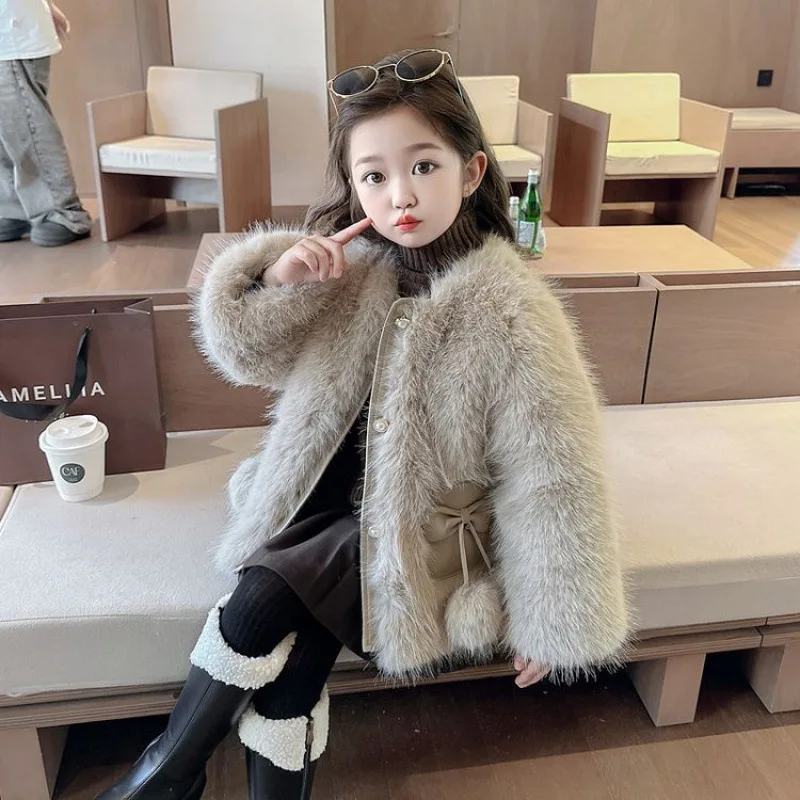 الفتيات 2025 معطف جلد الخريف الشتاء سميكة شعر ملابس الطفل شتاء دافئ الكورية نمط قصير مزاجه معطف #3