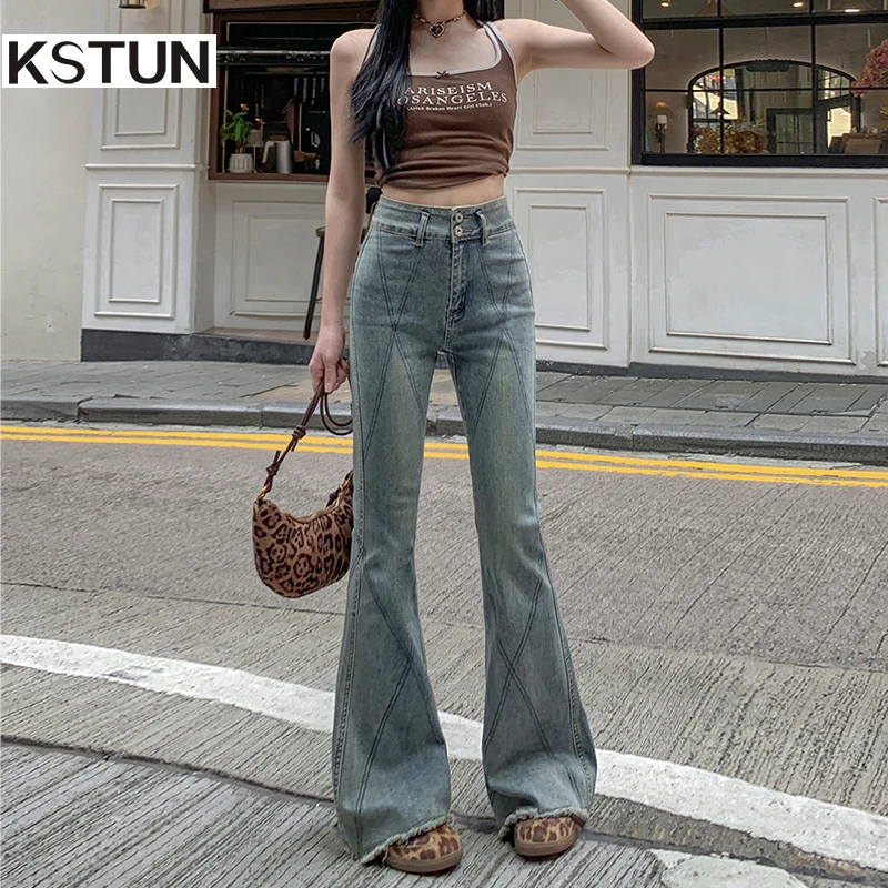

KSTUN Women Double-breasted Jeans High Waist Skinny Fringed Flared Pants Bell Bottom Trousers Striped Vintage Boot Cut Jeans