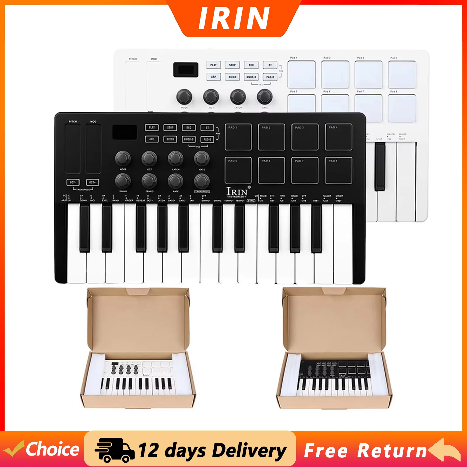 IRIN SMK-25 25 Keys Keyboard MIDI Controller 8 RGB Backlit Drum Pads Beats Maker Music Keyboard Strike Pad for Music Production