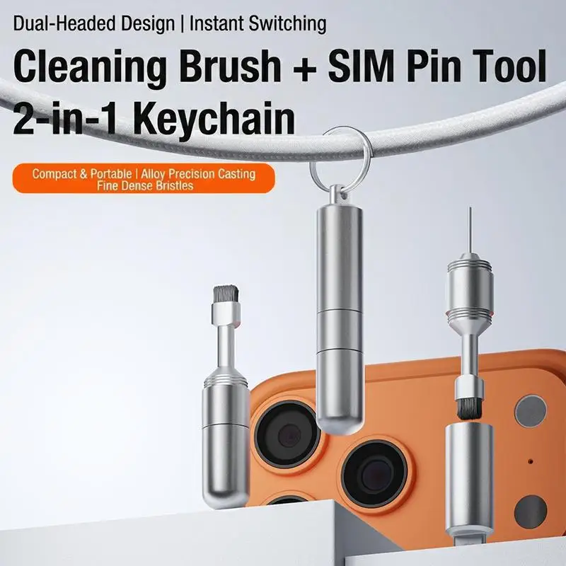 Portable 2 In 1 Alloy Keychain With SIM Eject Pin Bristle Cleaning Brush For Phone Camera Port Charging Jack Daily Cleaning