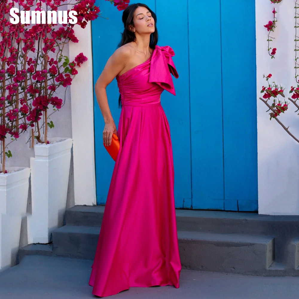 

Sumnus Fuchsia Satin One Shoulder Evening Dress Pleats Bow Strap A Line Prom Dress Women Formal Party Gown Robes De Soirée