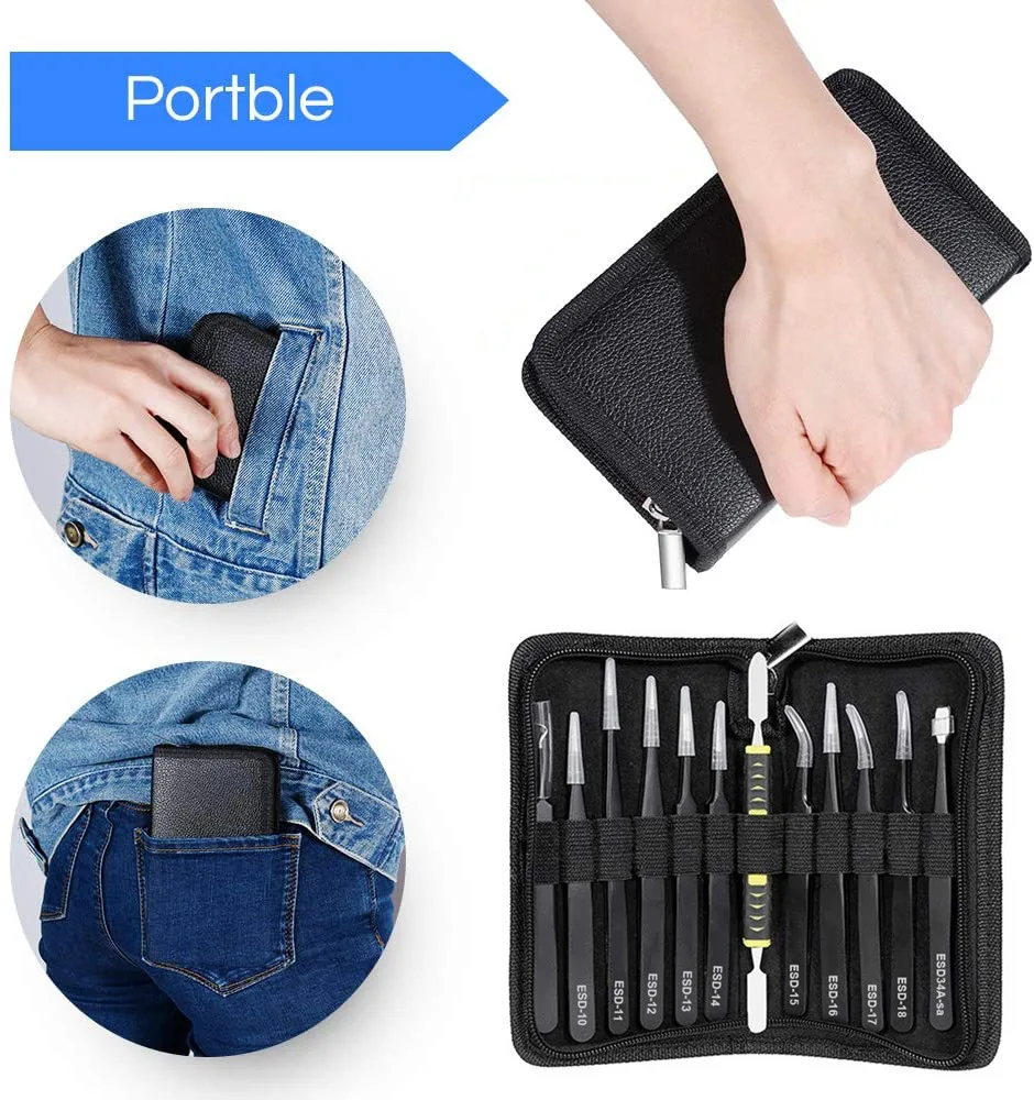 Imagem -04 - Precisão Esd Anti-static Pinças Cotovelo Reto com Bolsa Reparação Ferramenta de Manutenção Pinças Industriais 12 Pcs por Conjunto Aço Inoxidável