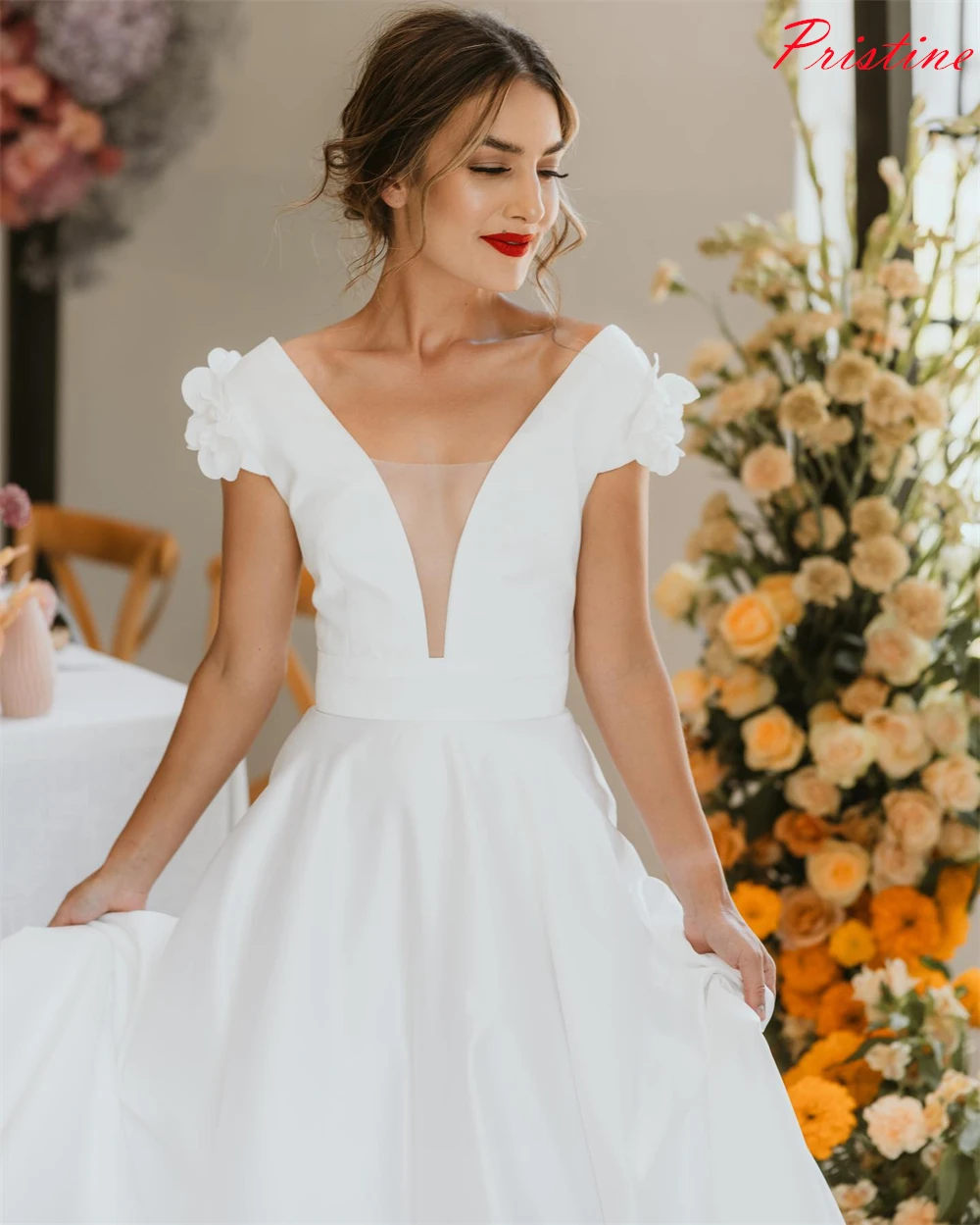 

Customized White Satin V-neck Short Sleeves Vestido De Novia High Quality A-Line Bridal Gowns Chapel Train Wedding Dresses