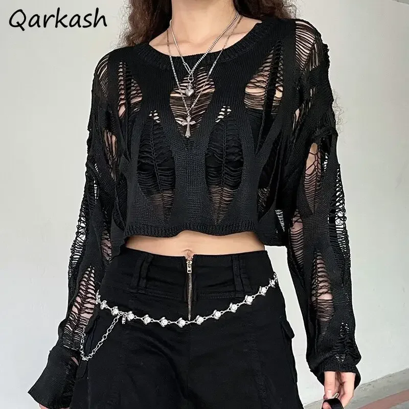 Long Sleeve T-shirts Women Hollow O-neck Ripped Chic All-match Outerwear Sun-proof Sexy Loose Short Knitting Female Minority Ins