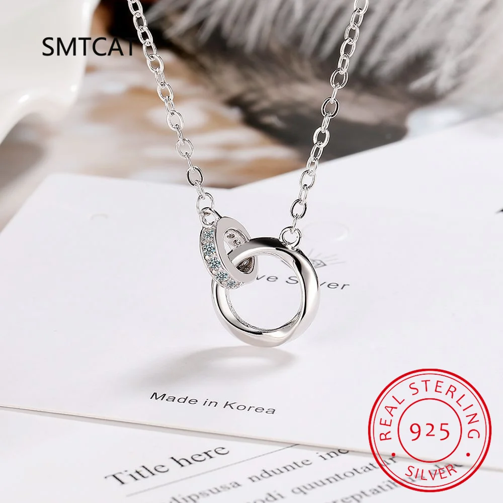 Mobius 925 Sterling Silver Double Circle Necklace Chain Pendant Summer Cubic Zirconia Free Shipping Item For Woman Jewelry