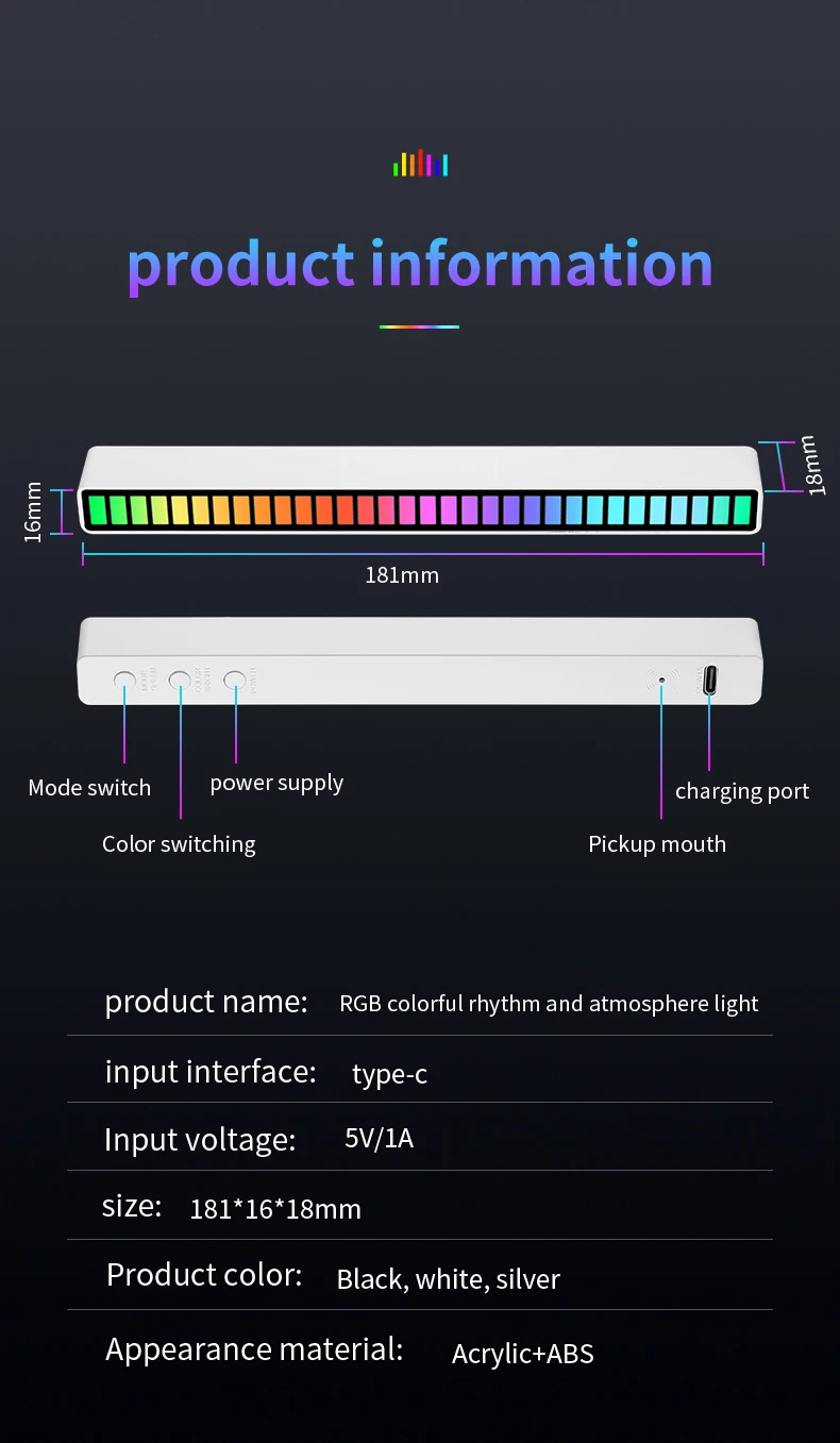 RGB Voice Control Synchronous Rhythm Light Internet Popular Colorful Music Ambient Light Car Desktop Induction Creative Led Pick
