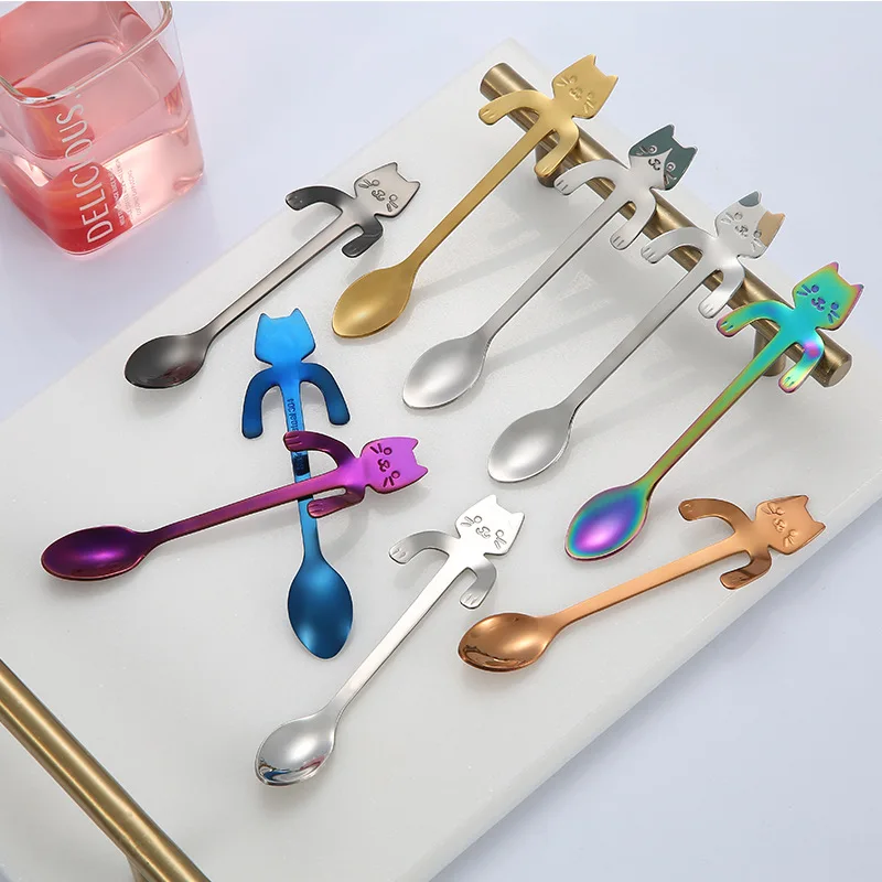 4pcs Coffee Spoon 304 Stainless Steel Cat Spoon Creative Cartoon Cat Stirring Spoon Hanging Dessert Spoon