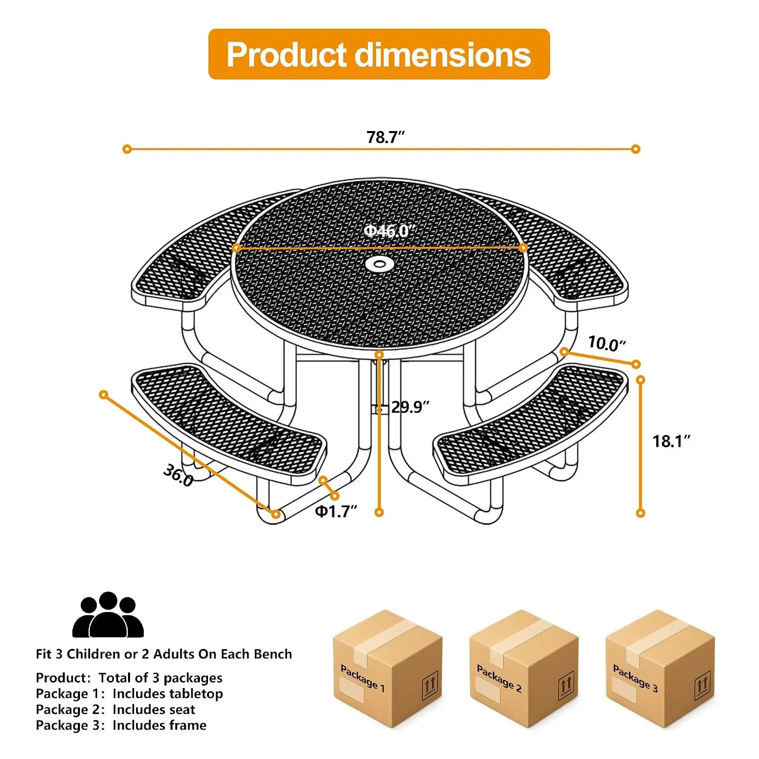 46 Inch Round Commercial Heavy Duty Metal Outdoor Picnic Table