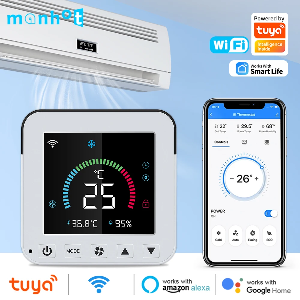 Tuya WiFi Air Conditioner Thermostat IR Temperature Humidity Infrared Controller USB Power LCD Touch Screen Google Home Alexa