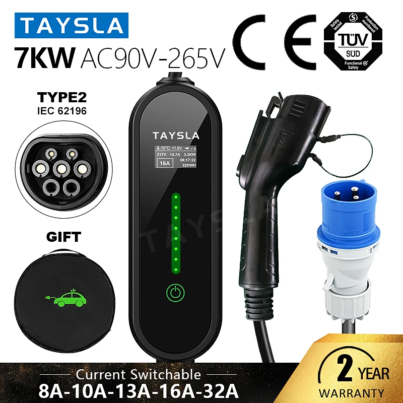 TAYSLA Electric Car Charger Type 2 32A EV Charger 5M AC90V-265V Portable Electric Vehicle Charging Cable EVSE