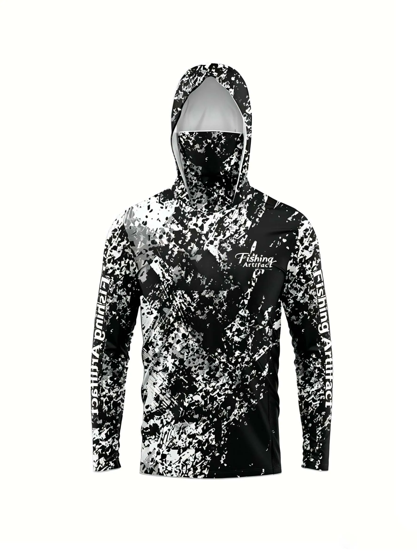 Sudadera de Pesca para Hombre con Estampado 3D y Máscara Facial, Camuflaje Blanco y Negro, Secado Rápido, Transpirable, Manga Larga
