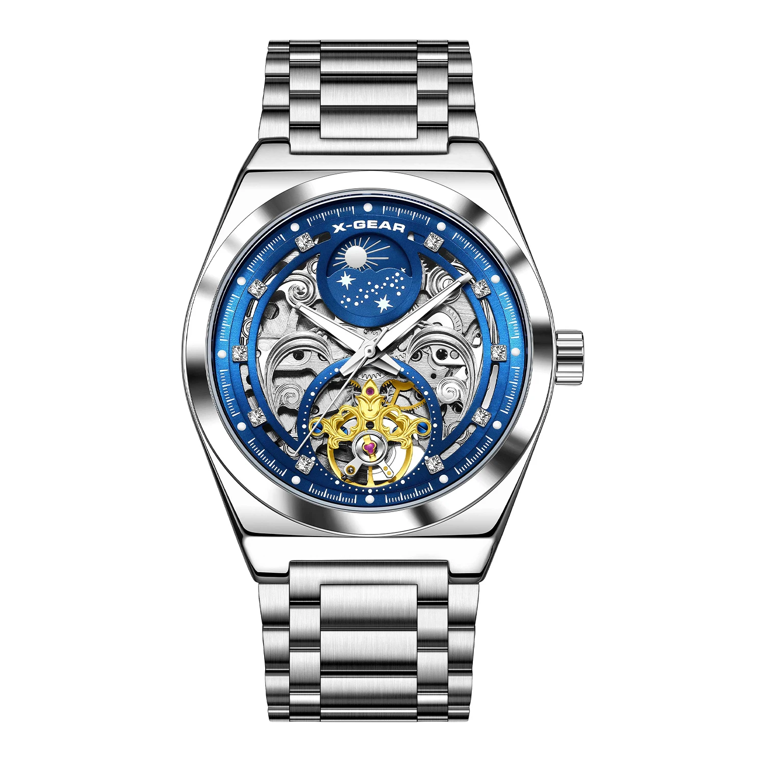 メンズ機械式ムーブメント腕時計、ステンレススチールストラップ、夜光、防水、カジュアル＆ビジネス腕時計